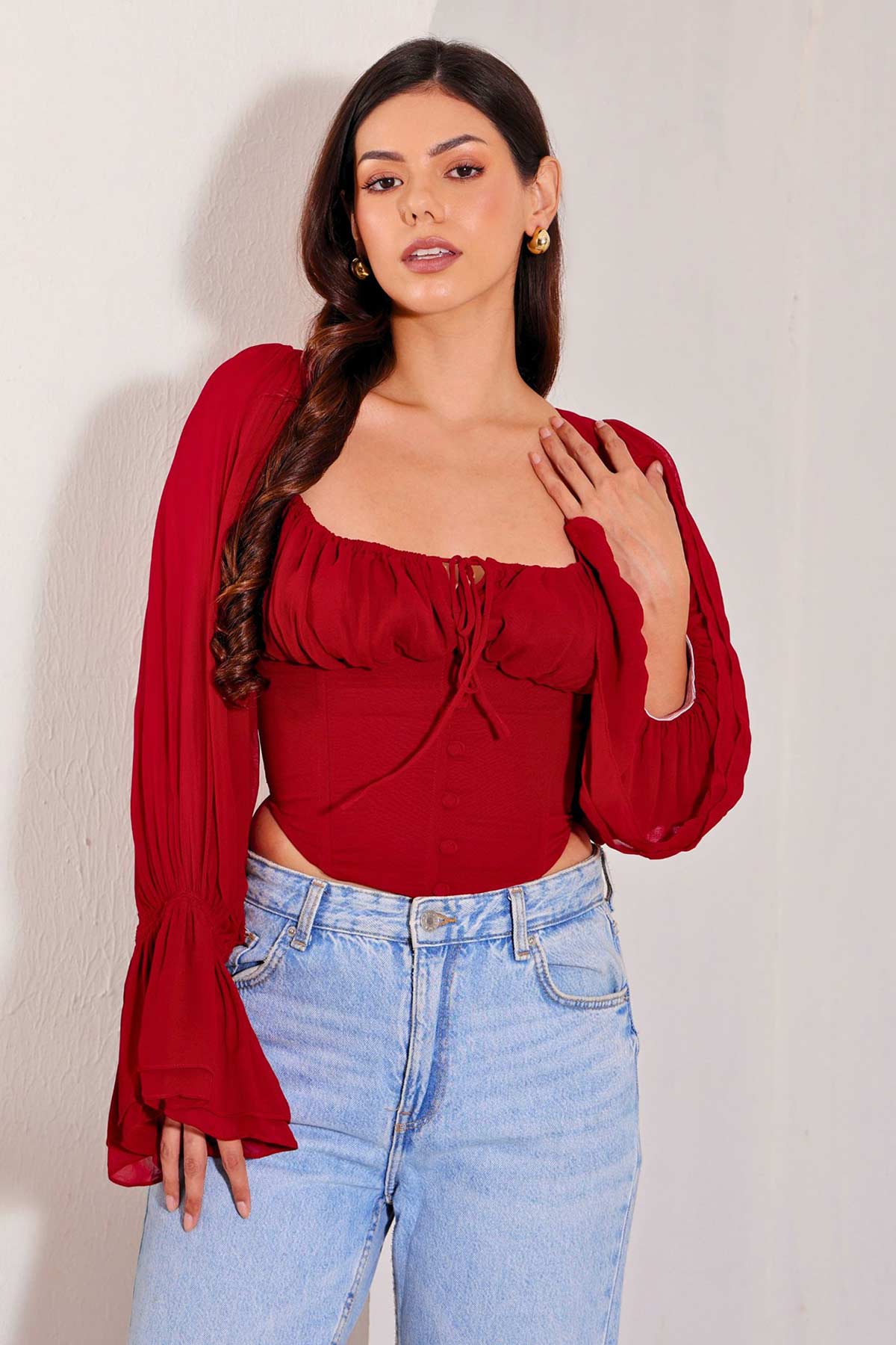 Red Georgette Frilled Cuffs Top