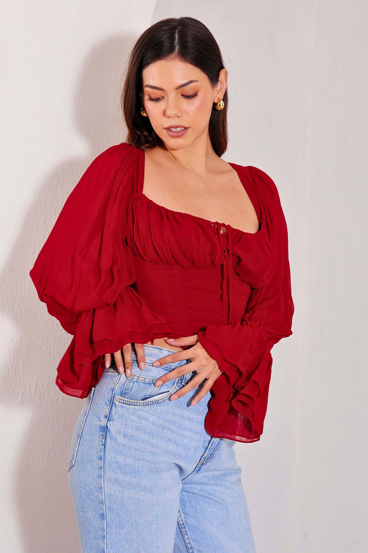 Red Georgette Frilled Cuffs Top