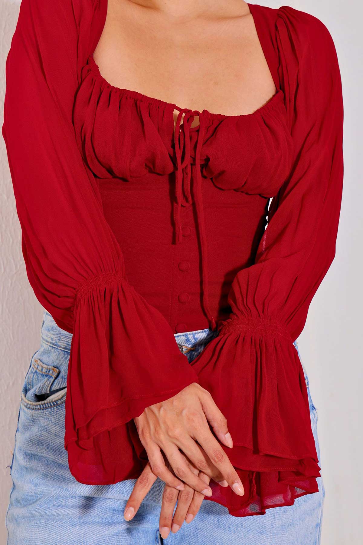 Red Georgette Frilled Cuffs Top