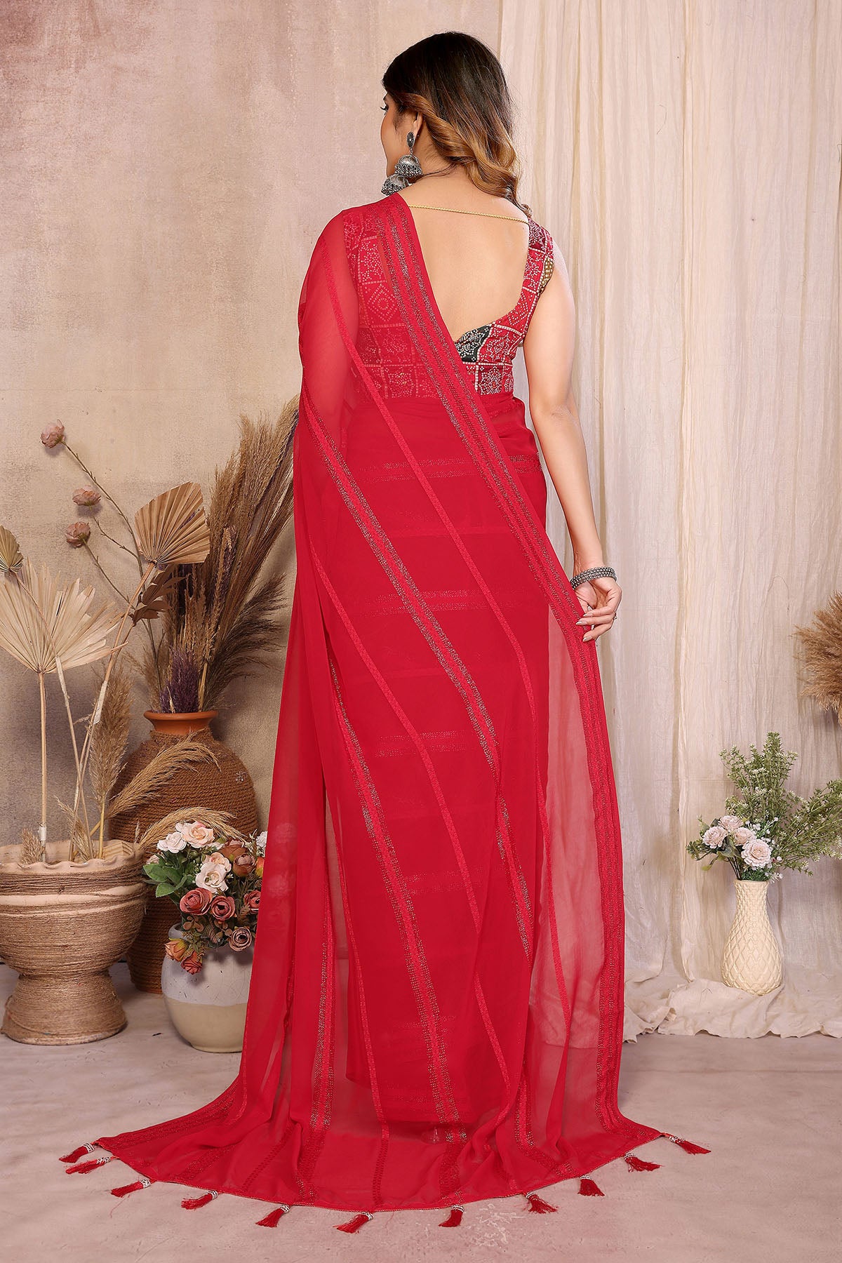 Red Georgette Kaju Patta Saree