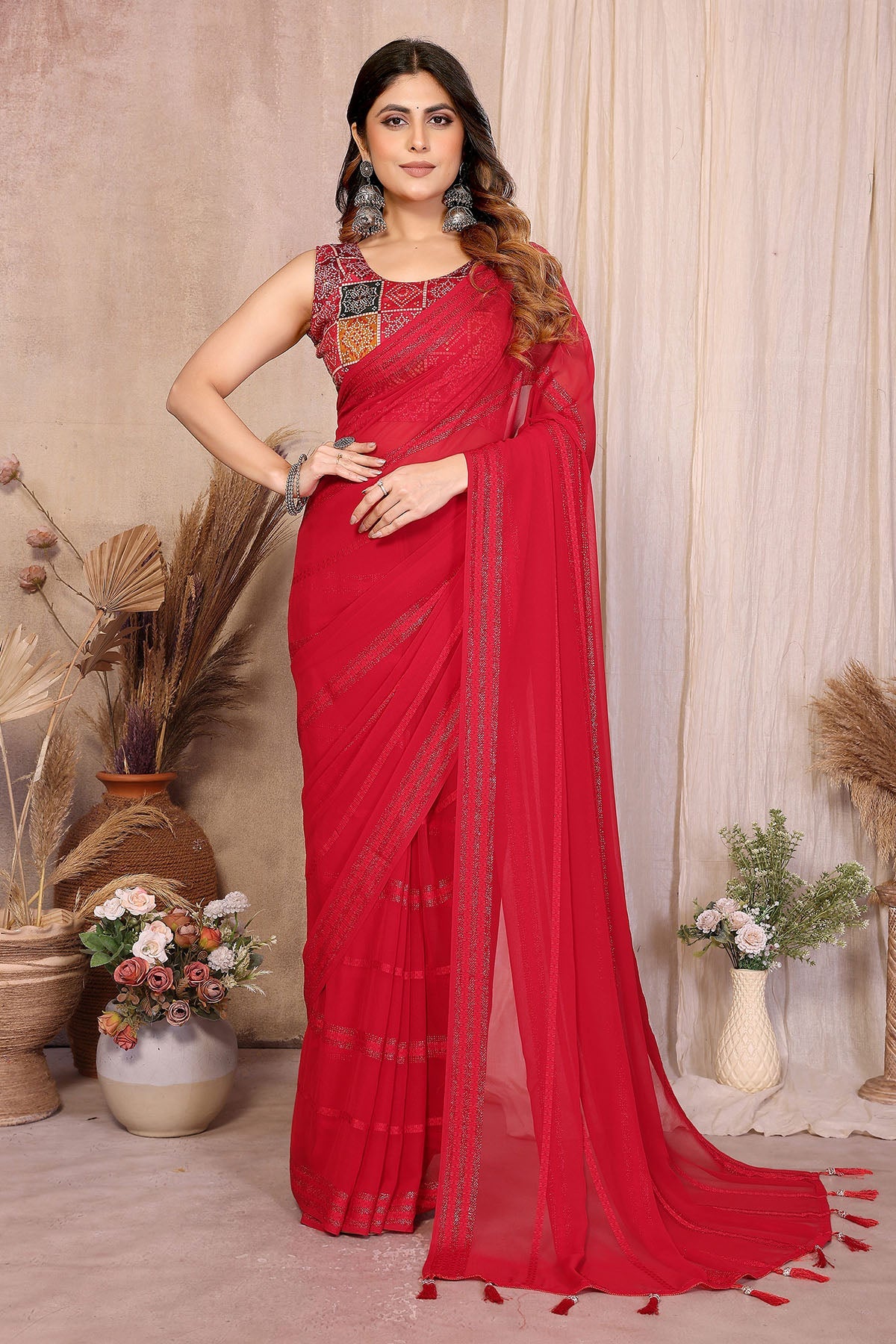 Buy Red Georgette Kaju Patta Saree for women by Aastha Fashion online available at scrollnshops