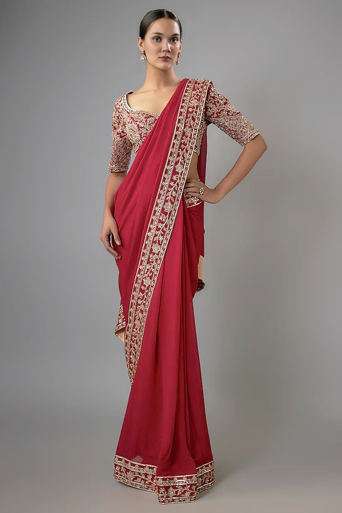 Buy Red Georgette Sequins Saree by Shlok Design for women online at ScrollnShops