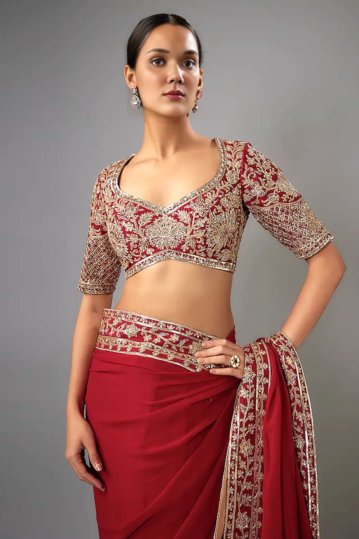 Red Georgette Sequins Saree