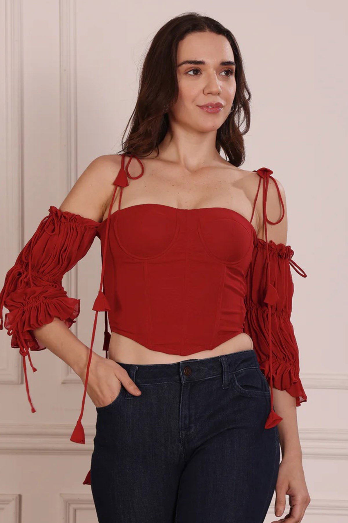 Red Georgette Tie Up Crop Top