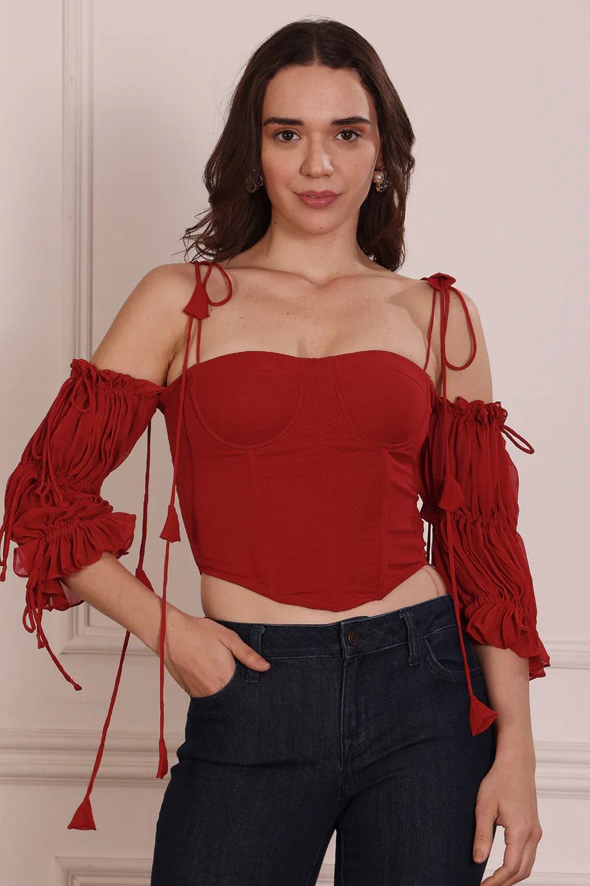Buy Red Georgette Tie Up Crop Top for women by Seoraa online available at scrollnshops