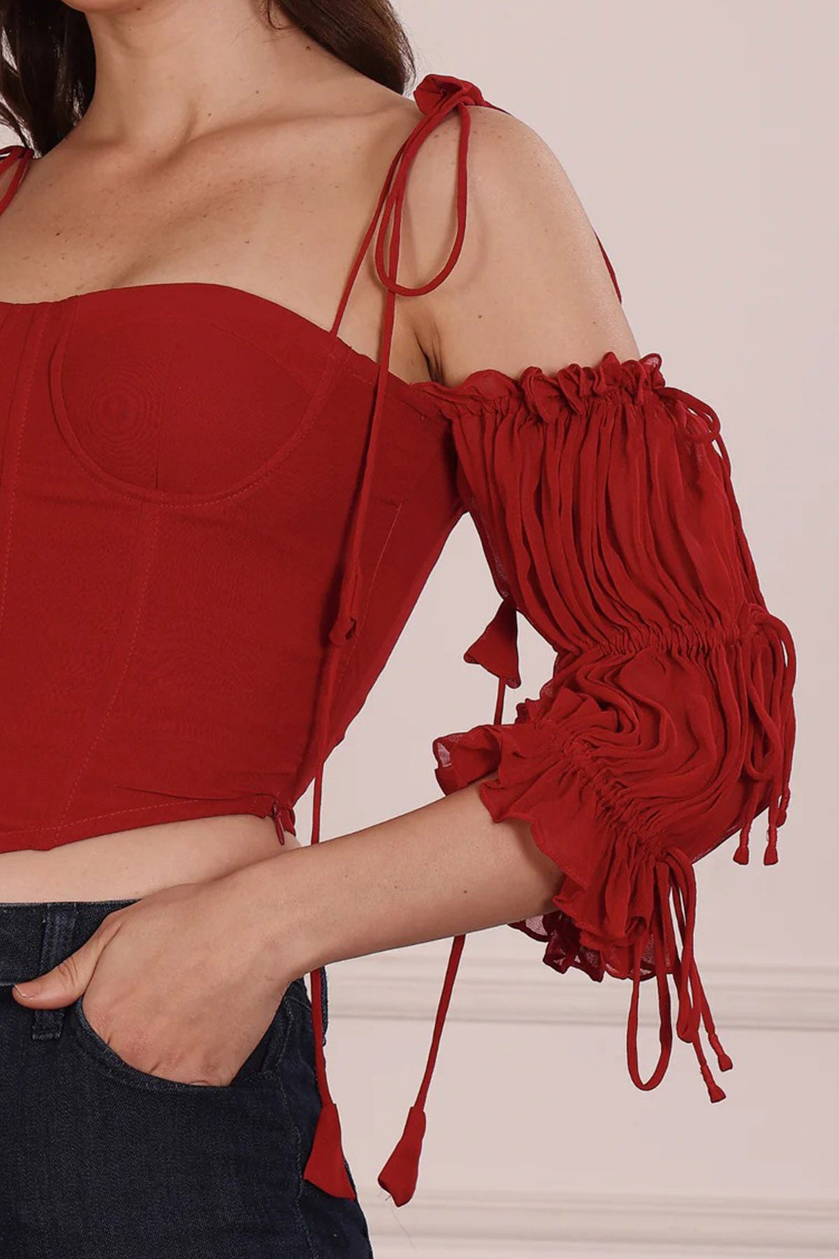 Red Georgette Tie Up Crop Top