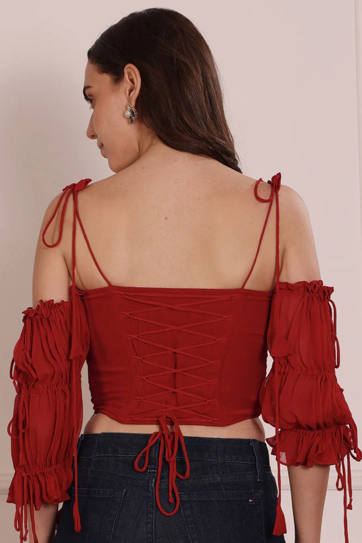 Red Georgette Tie Up Crop Top