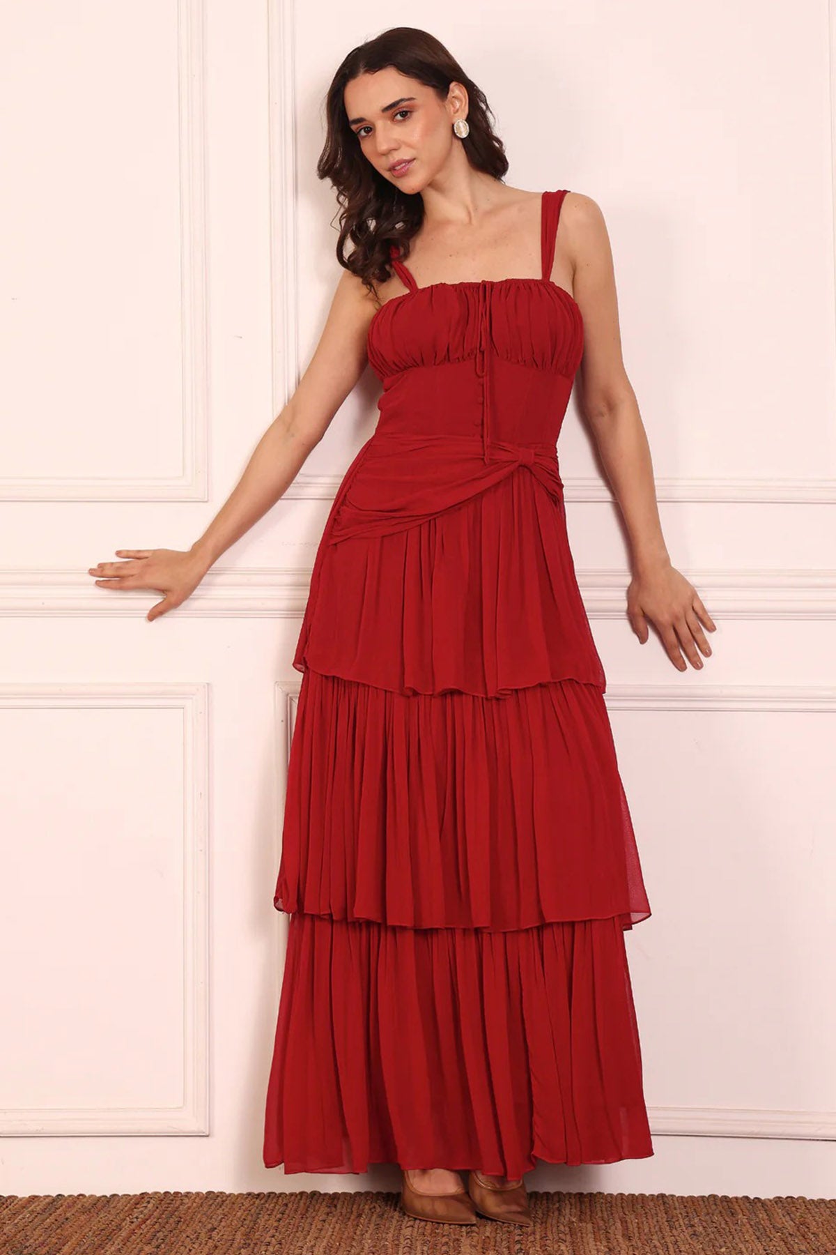 Red Georgette Tiered Maxi Dress