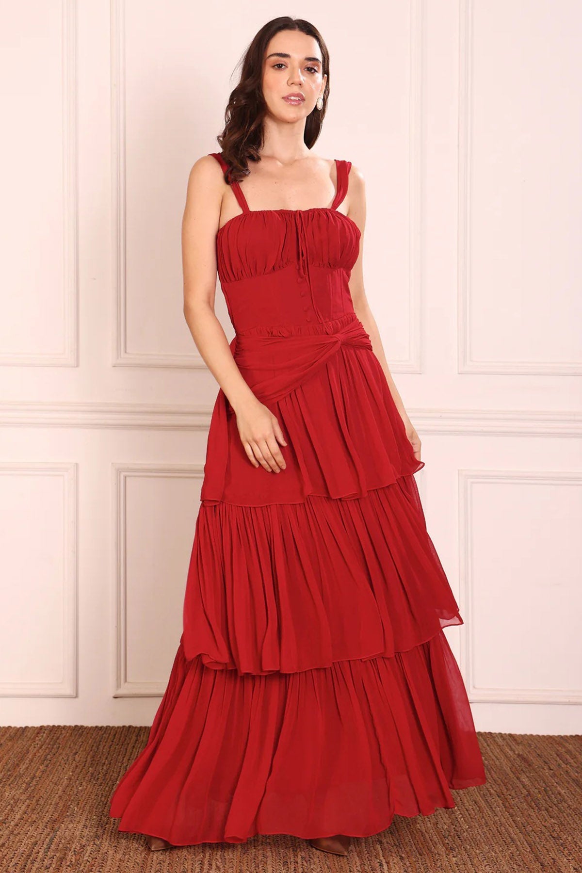 Buy Red Georgette Tiered Maxi Dress for women by Seoraa online available at scrollnshops