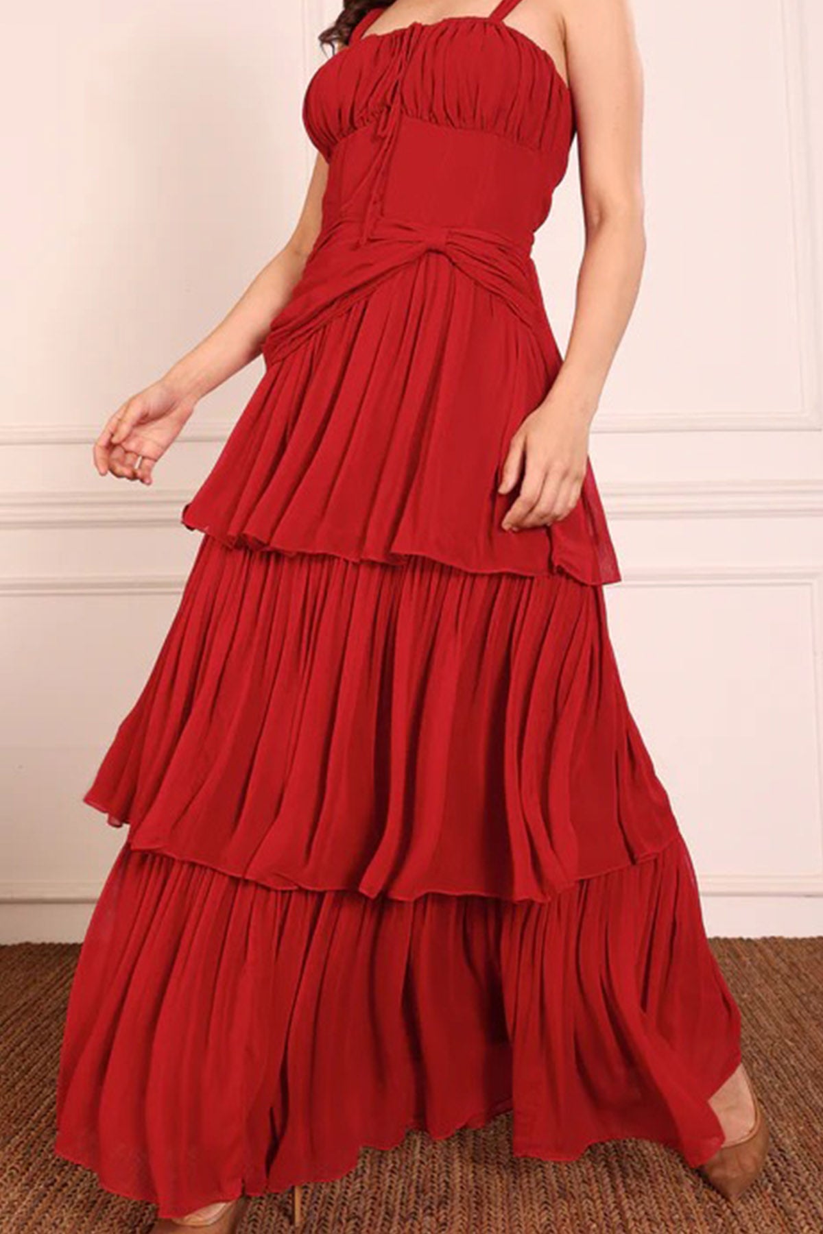Red Georgette Tiered Maxi Dress