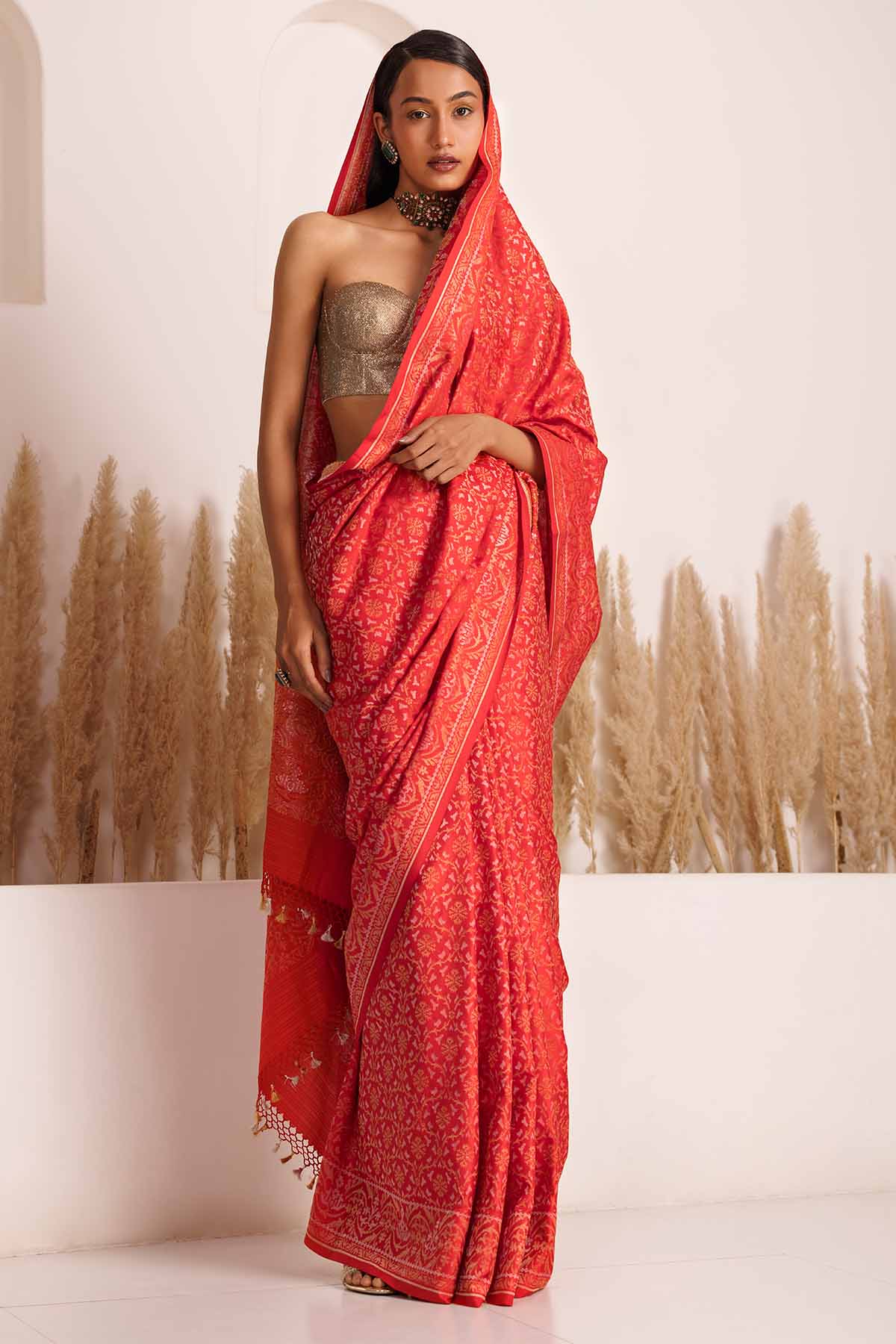 Red & Gold Silk Jamdani Saree