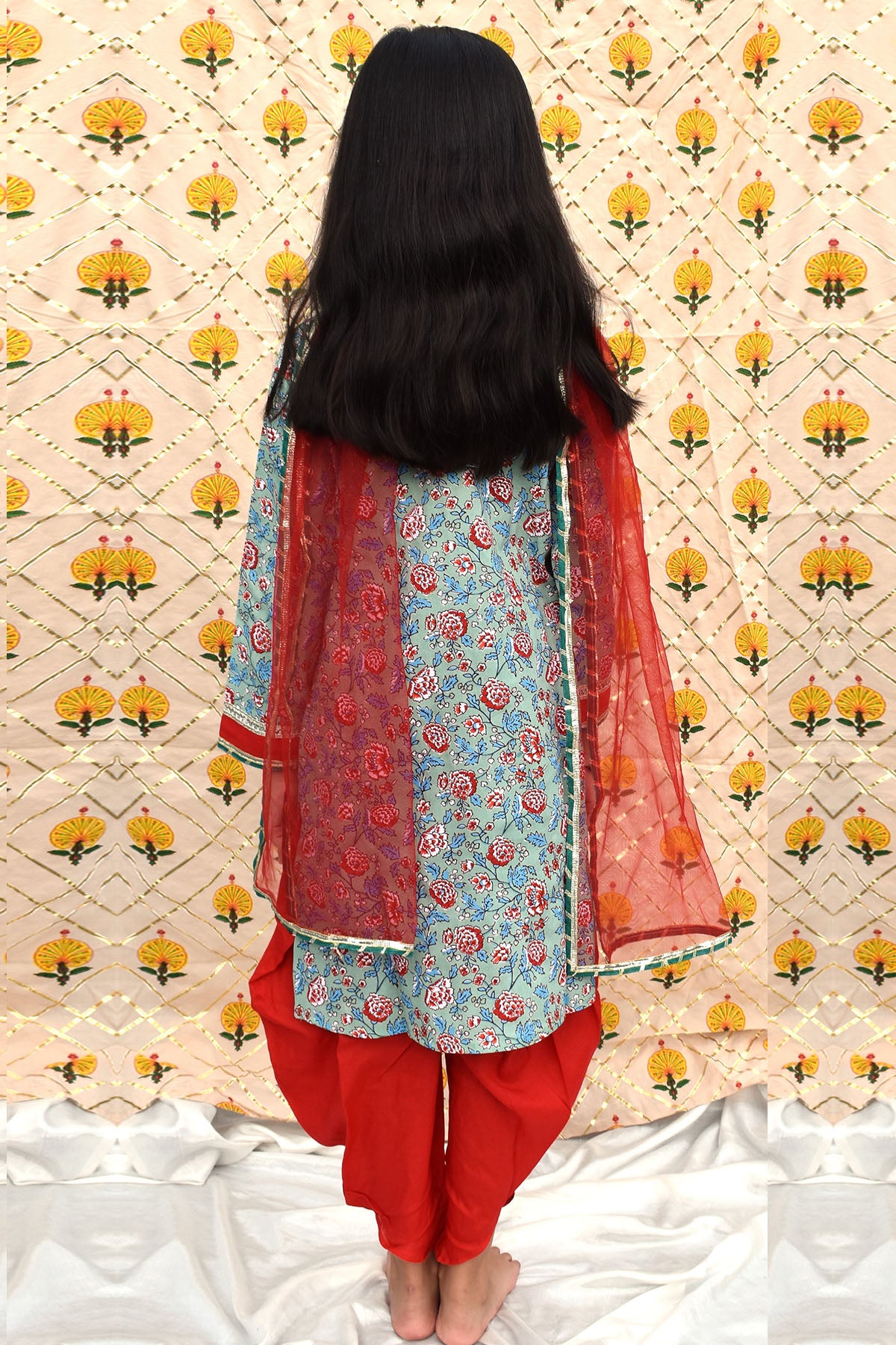 Red & Green Flower Kurta Set