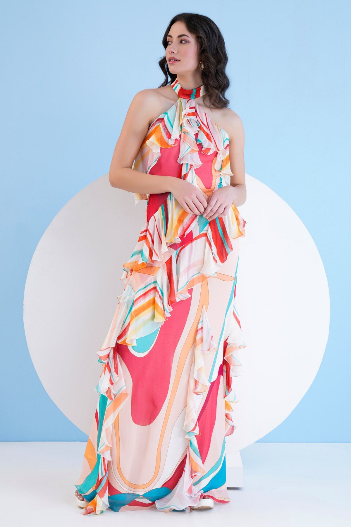 Buy Red Halter Long Chiffon Dress by Mandira Wirk