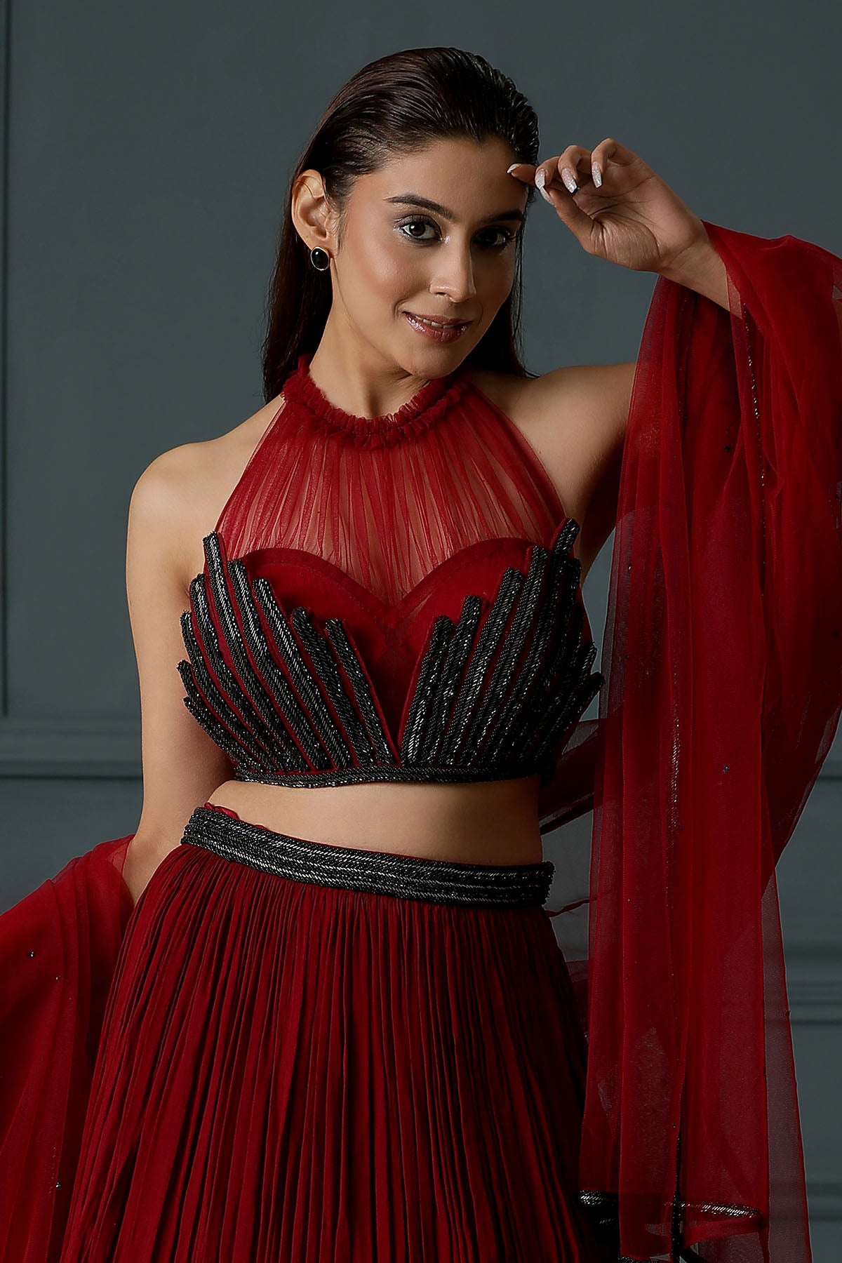 Red Halter Neck Lehenga Set