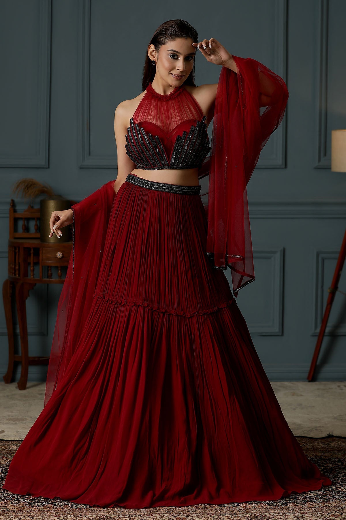Buy Red Halter Neck Lehenga Set by Art-i Design Studio for women online at ScrollnShops