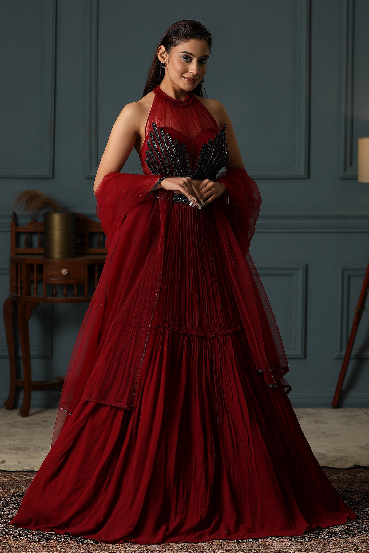 Red Halter Neck Lehenga Set