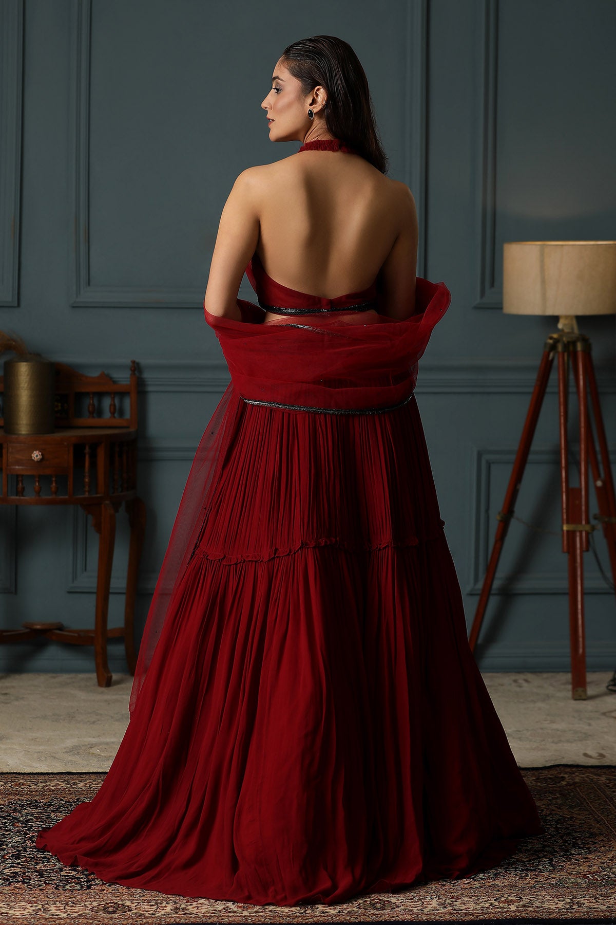 Red Halter Neck Lehenga Set