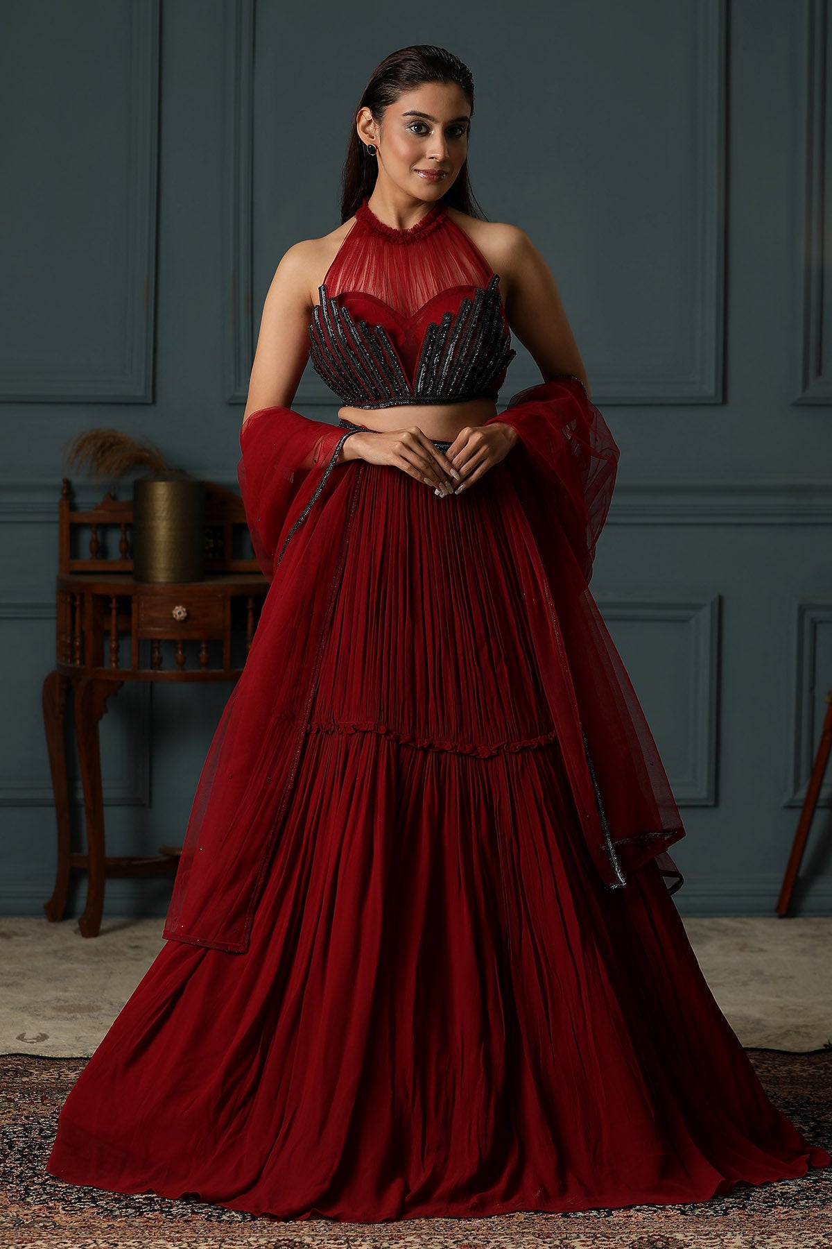 Red Halter Neck Lehenga Set