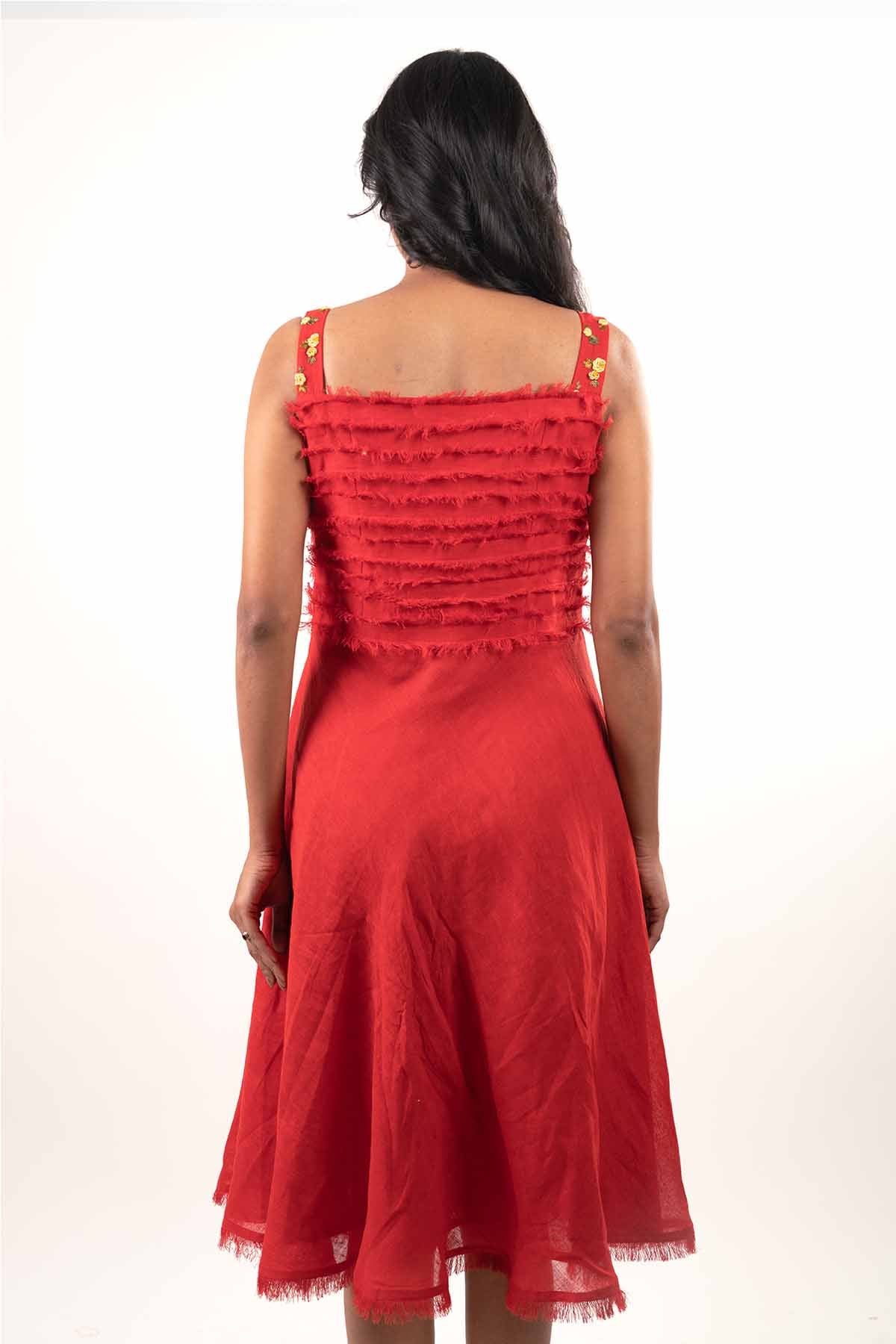 Red Hand Embroidered Midi Dress