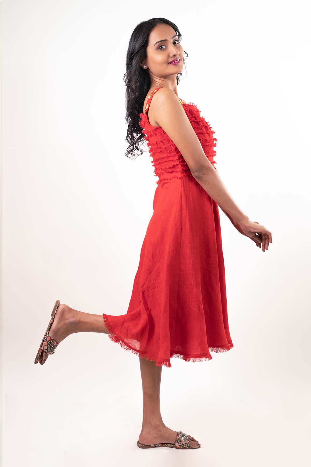 Red Hand Embroidered Midi Dress