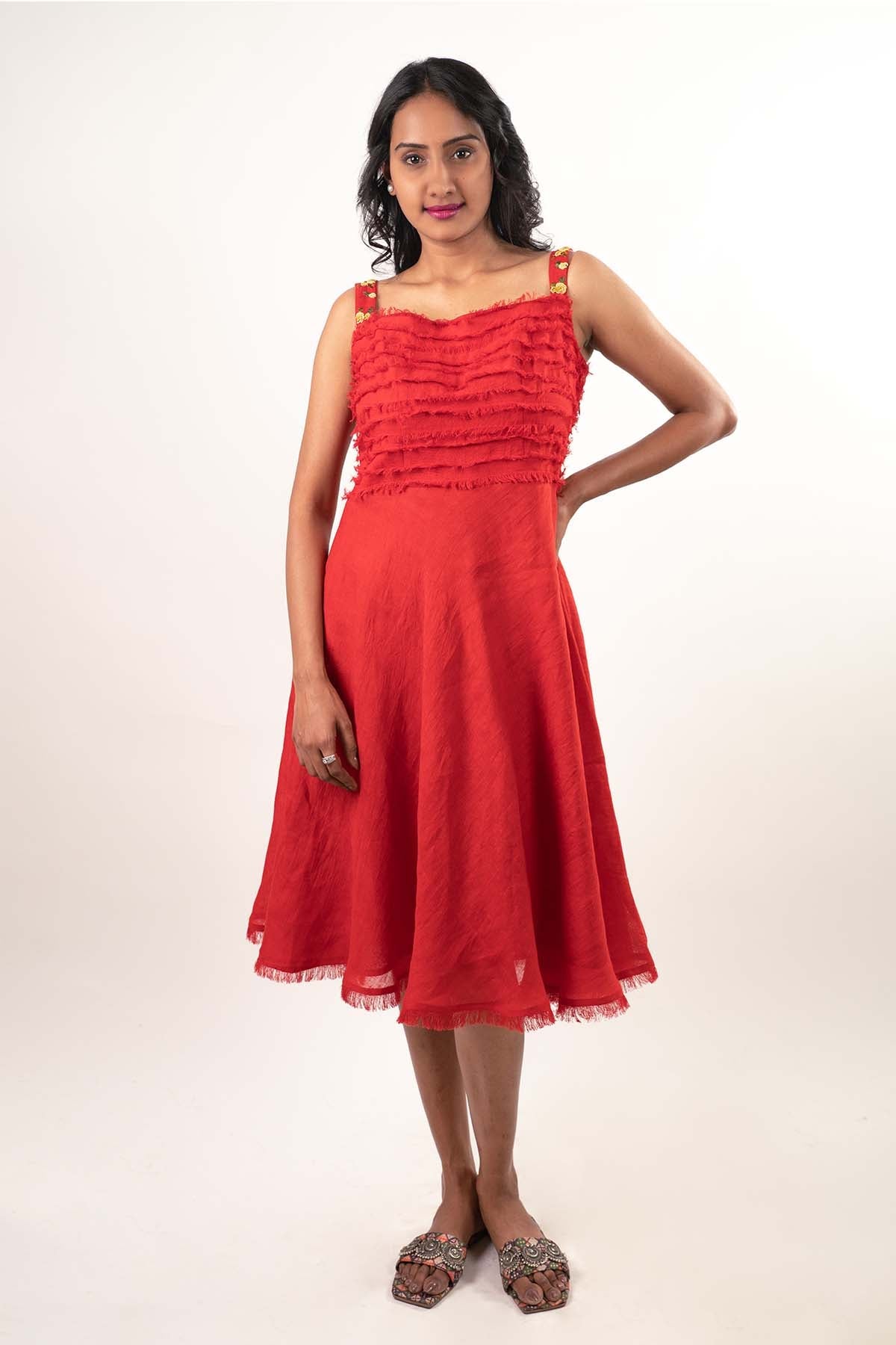 Buy Designer Red Hand Embroidered Midi Dress Online