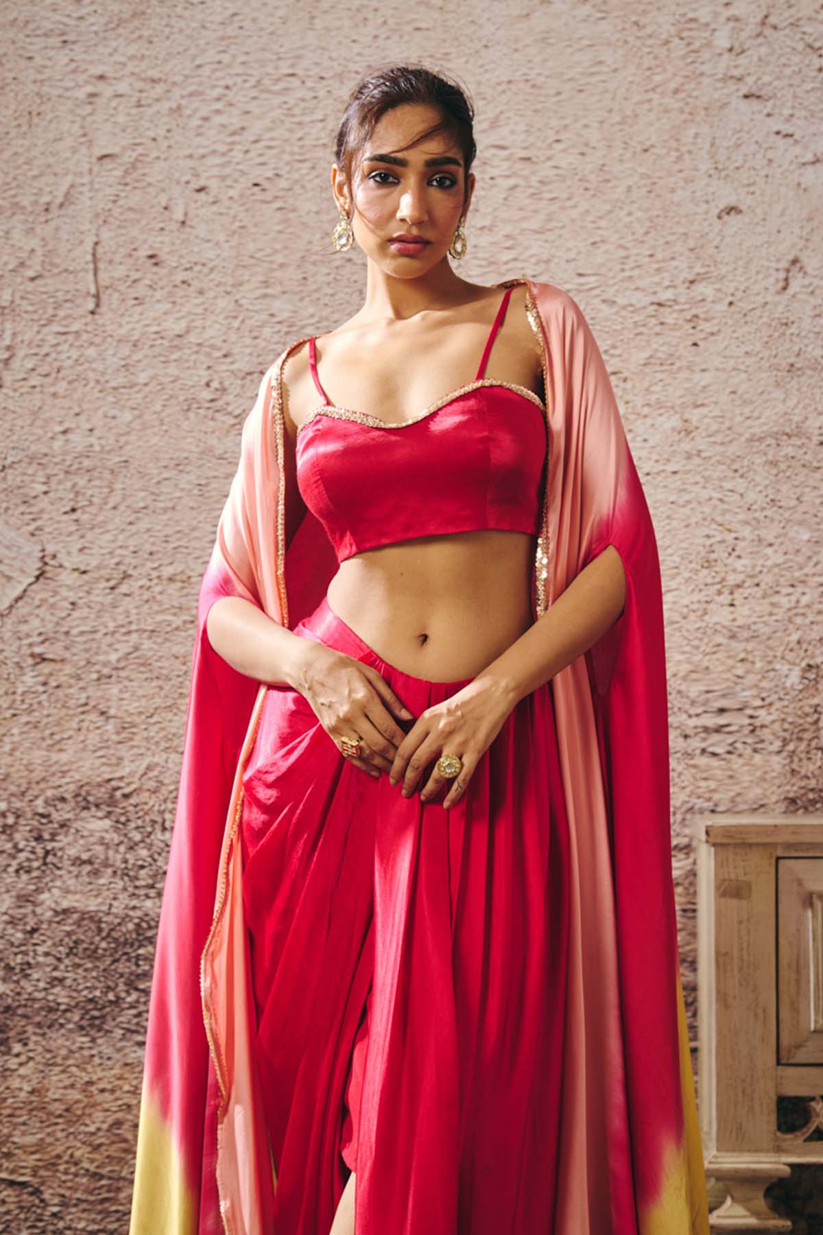 Red Hand Embroidered Skirt Set