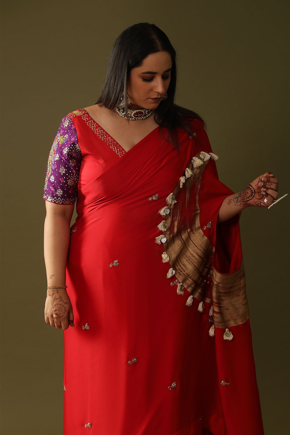 Red Hand Print Pre-Draped Saree