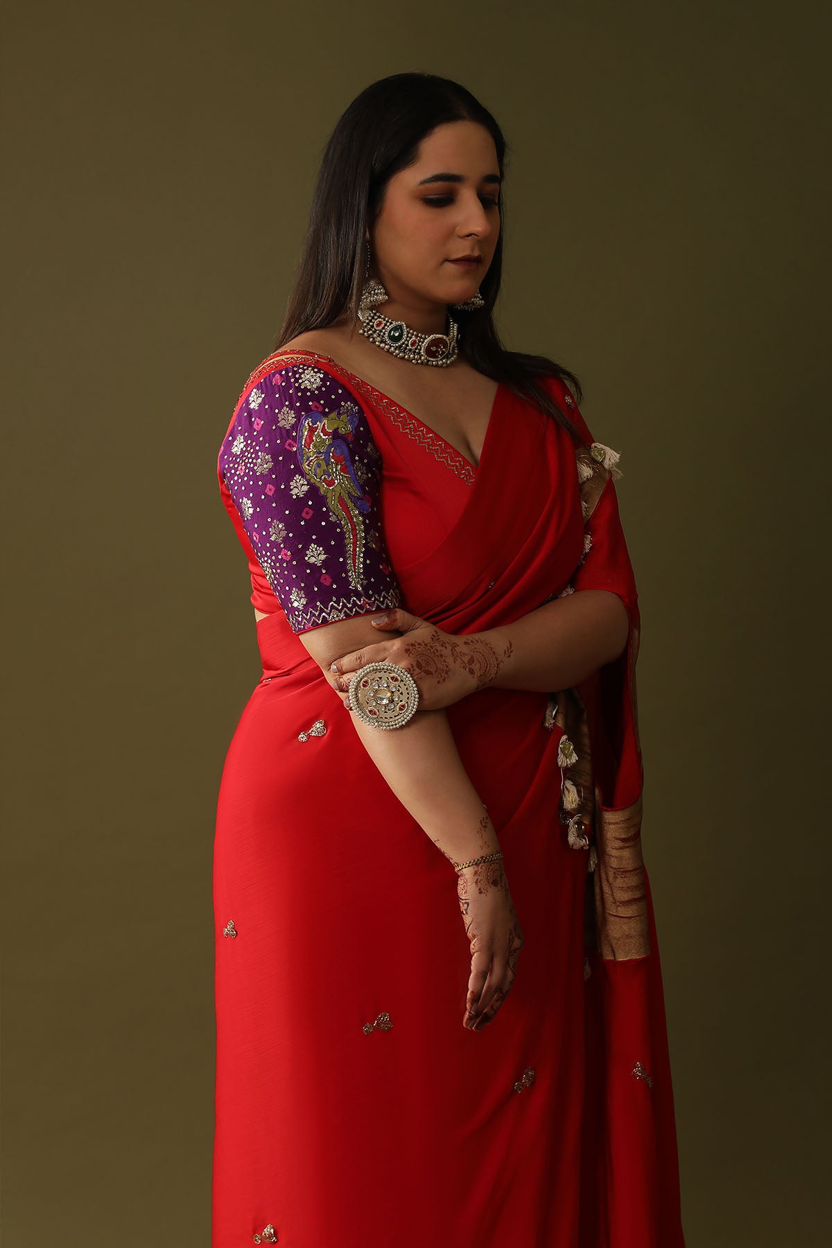 Red Hand Print Pre-Draped Saree