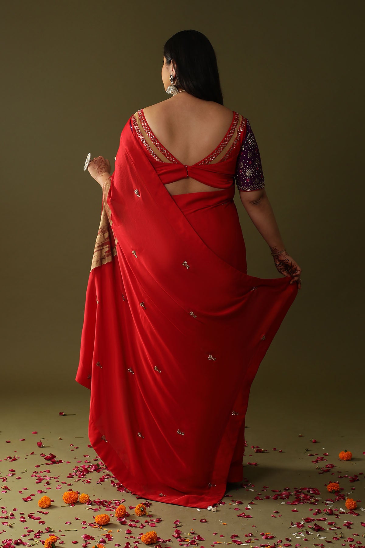 Red Hand Print Pre-Draped Saree