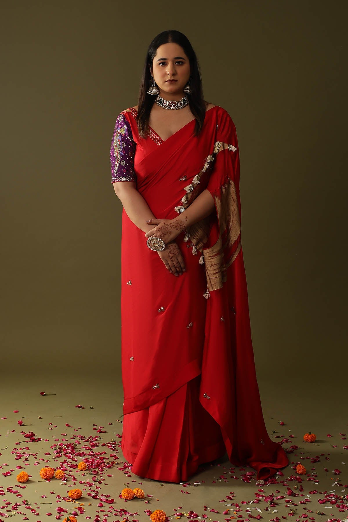 Buy Red Hand Print Pre-Draped Saree by Arpita Sulakshana for women online at ScrollnShops