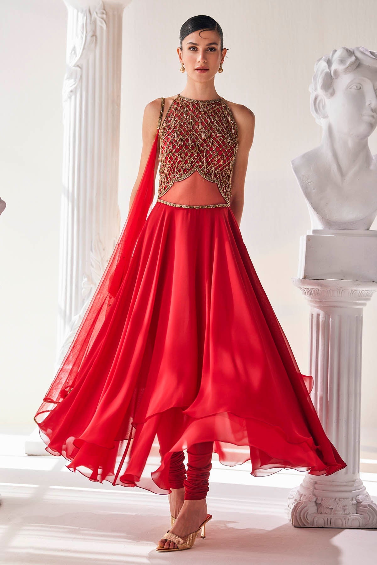 Buy Red High Low Anarkali Set by Mandira Wirk