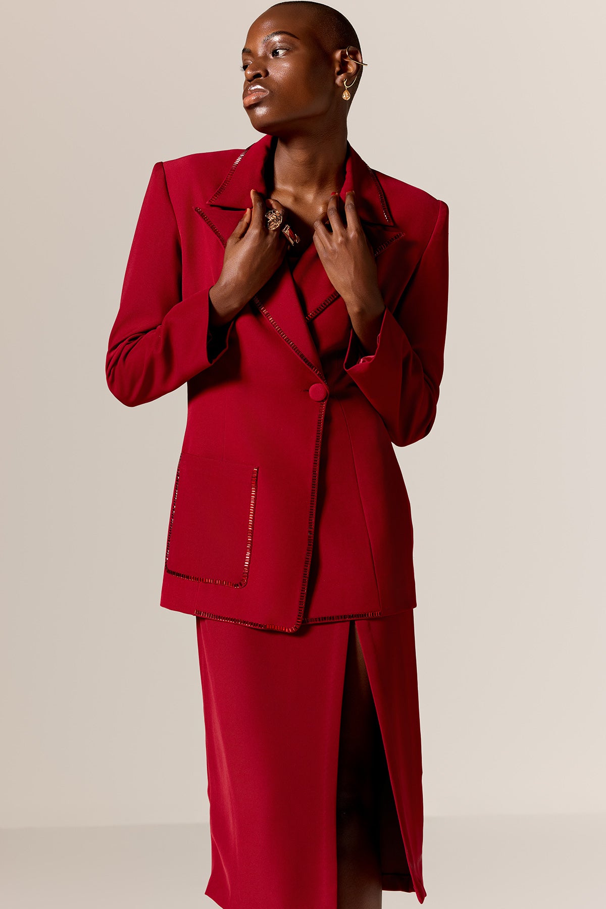 Red High Slit Dress & Blazer