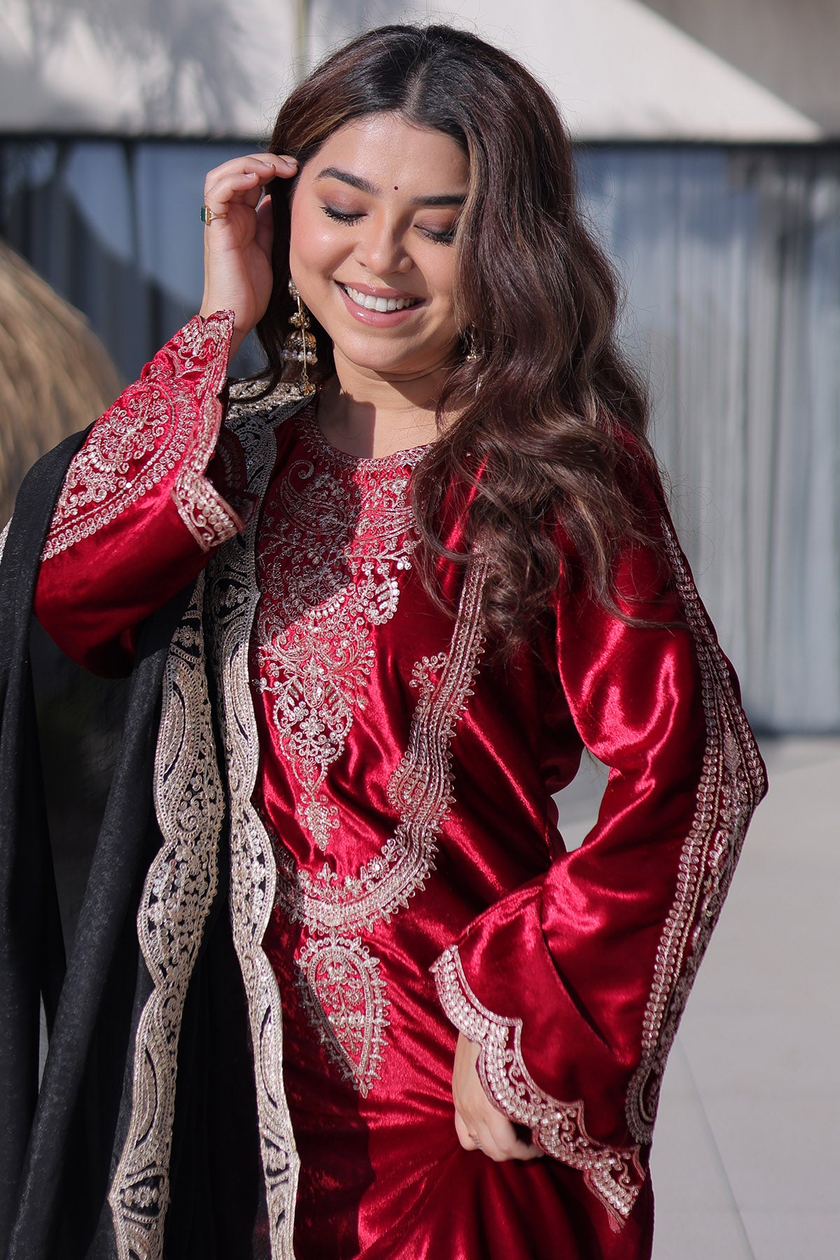 Red Ice Velvet Zari Kurta Set