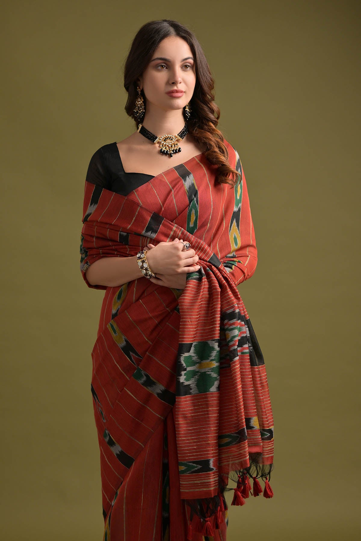 Red Ikkat Cotton Printed Saree