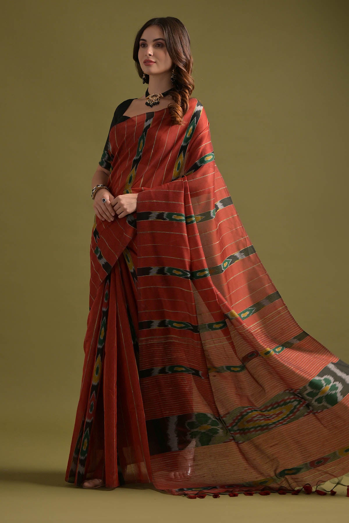 Red Ikkat Cotton Printed Saree