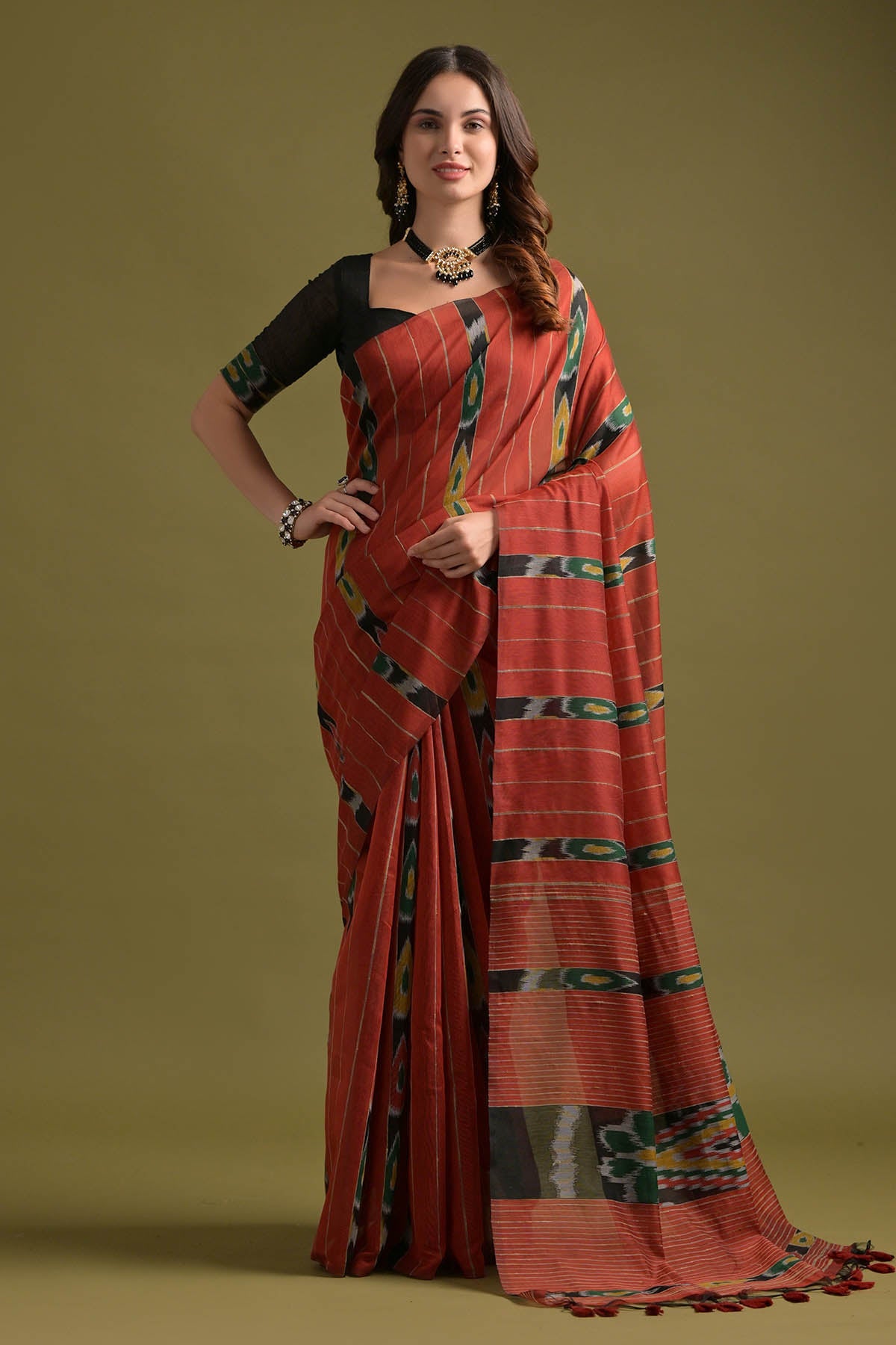 Buy Red Ikkat Cotton Printed Saree by Lili Lala for women online at ScrollnShops