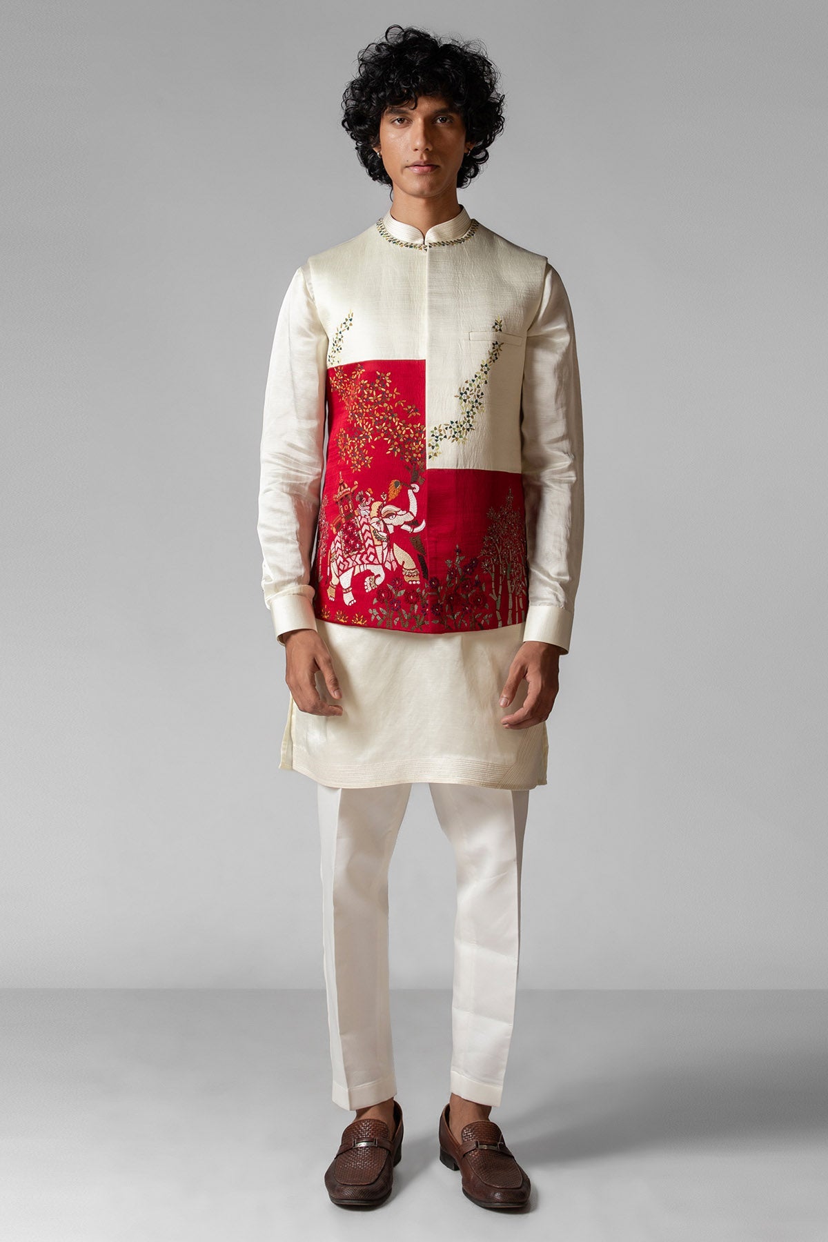Buy Red Ivory Colourblock Kurta Set for men by Paarsh Atelier online available at scrollnshops