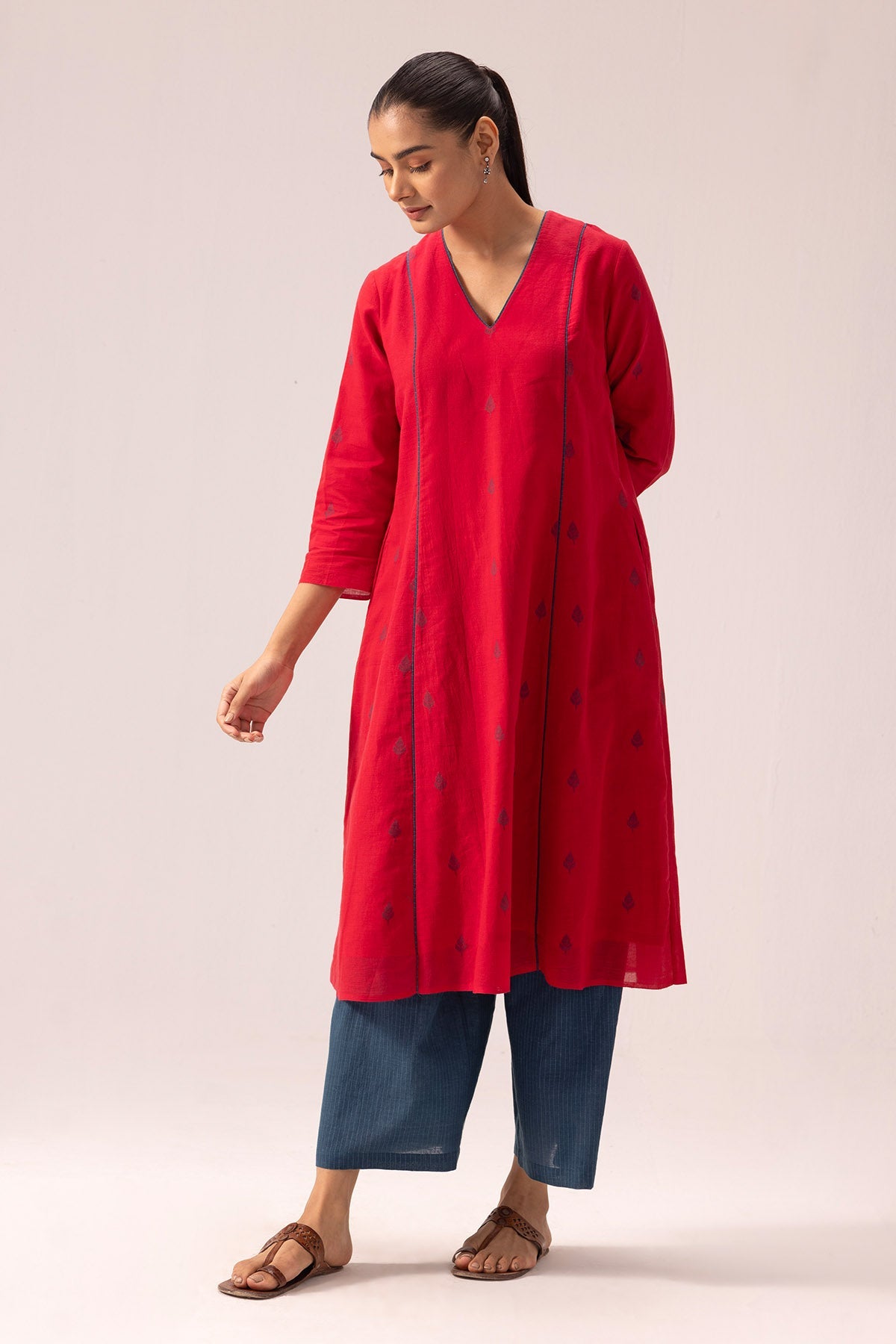 Buy Red Jamdani Cotton Kurta & Pant By Label Shreya Sharma For Women Online at ScrollnShops