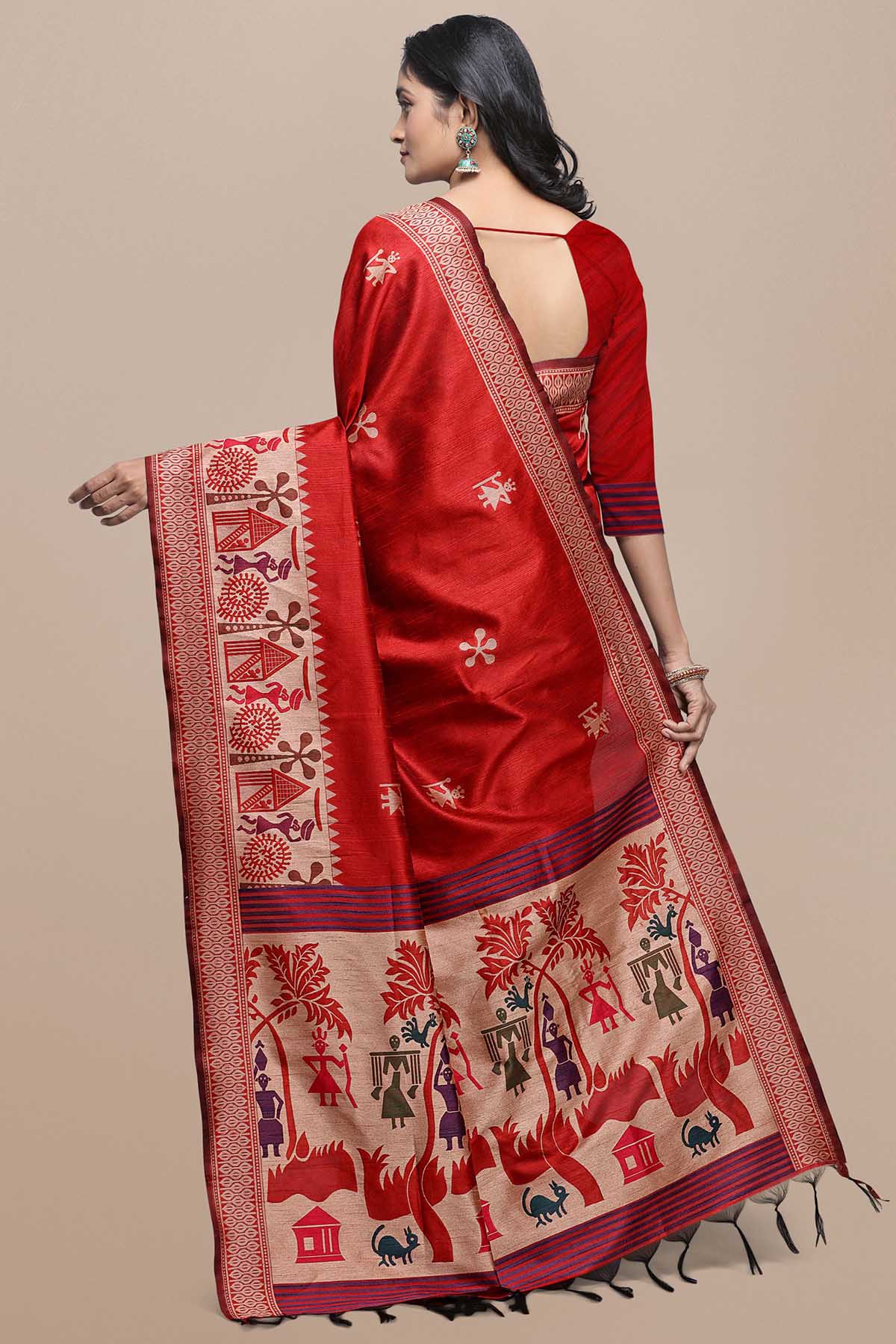 Red Kalamkari Raw Silk Saree