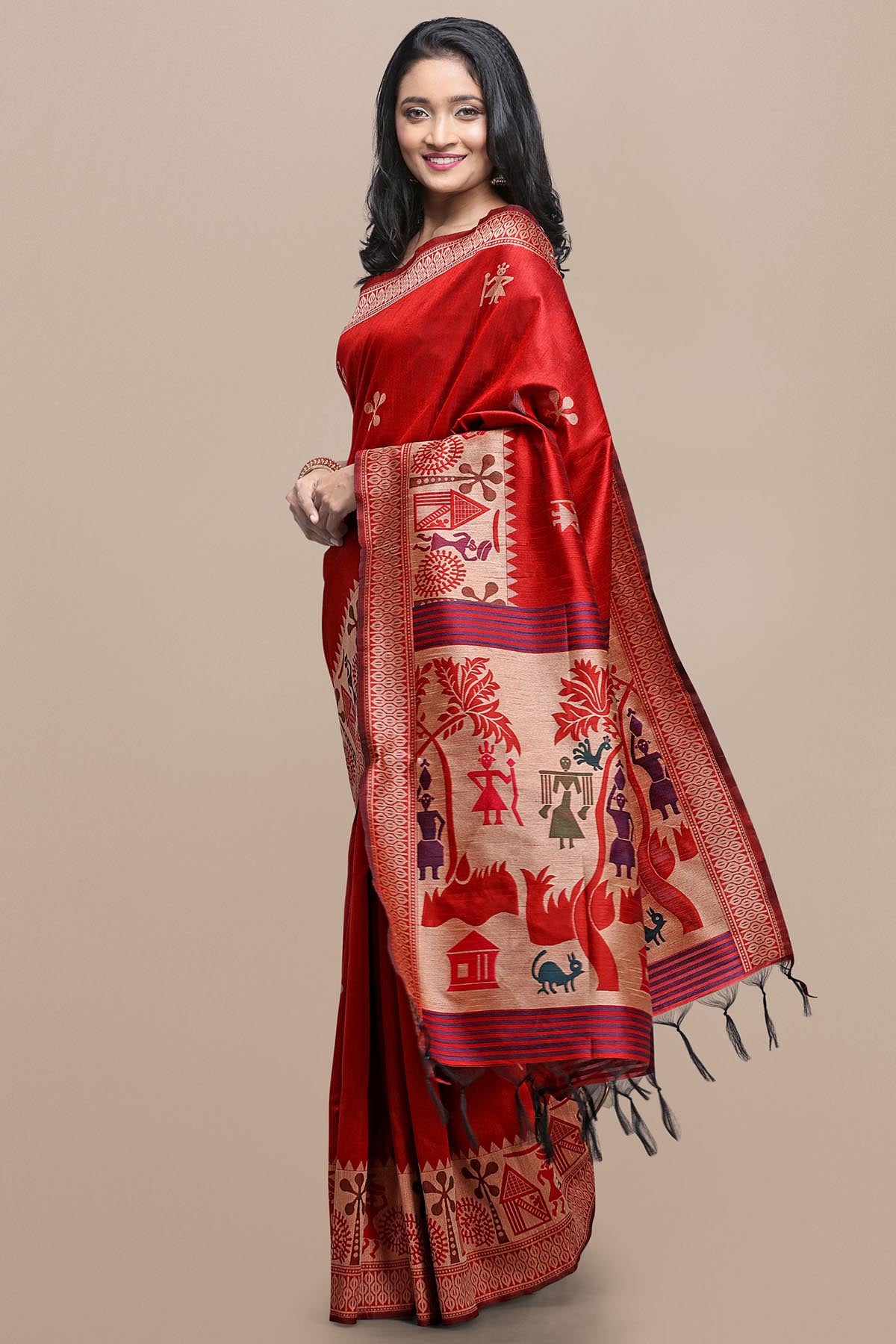 Red Kalamkari Raw Silk Saree