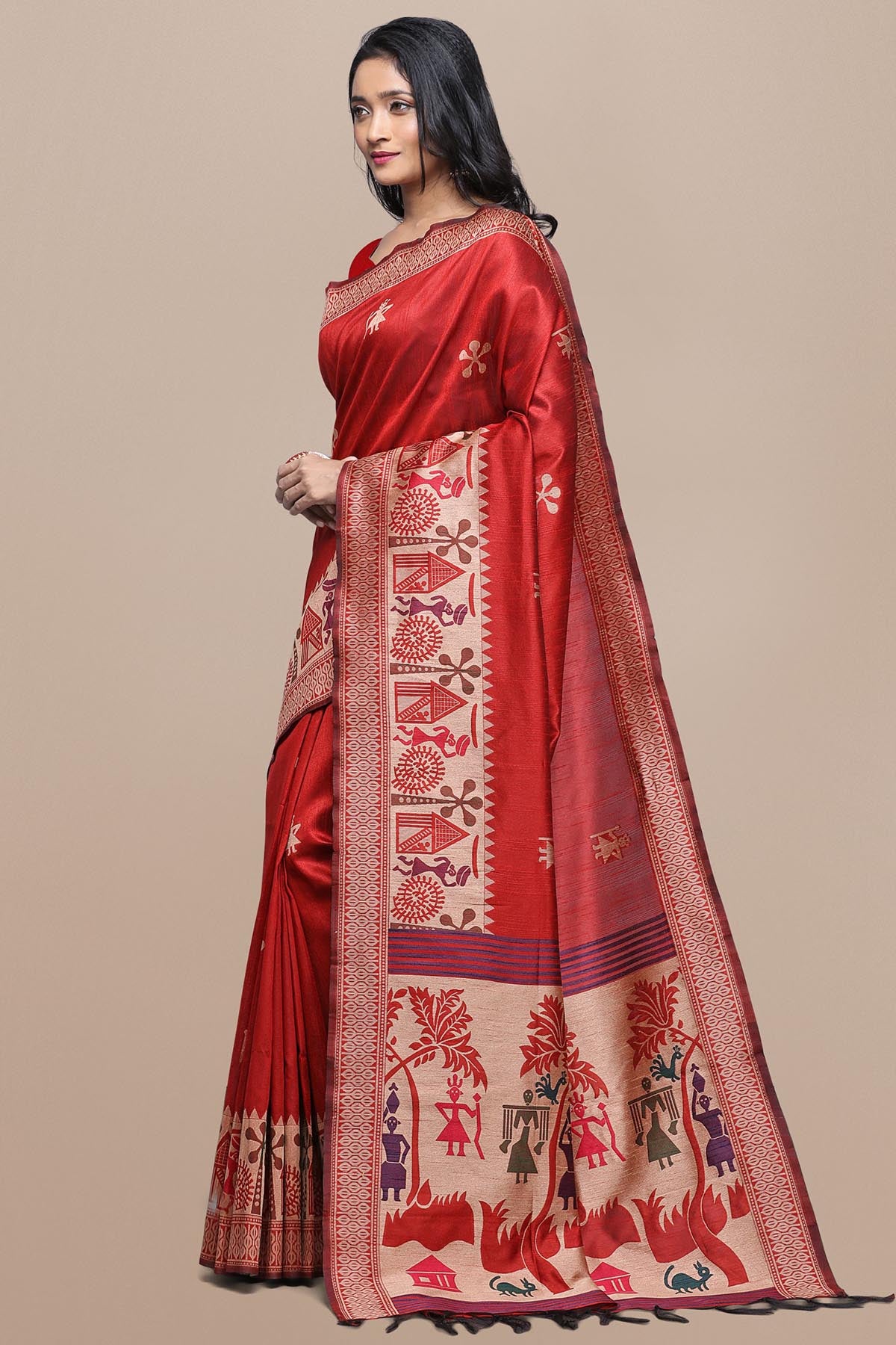 Red Kalamkari Raw Silk Saree