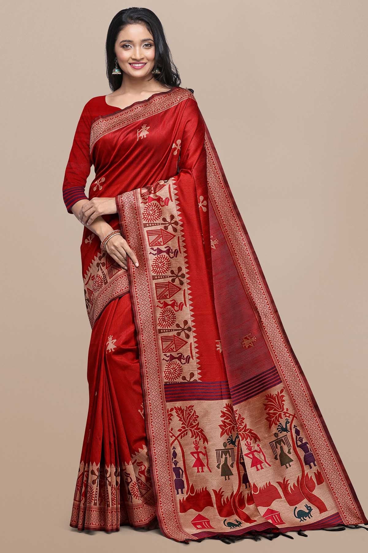 Buy Red Kalamkari Raw Silk Saree by Lili Lala for women online at ScrollnShops
