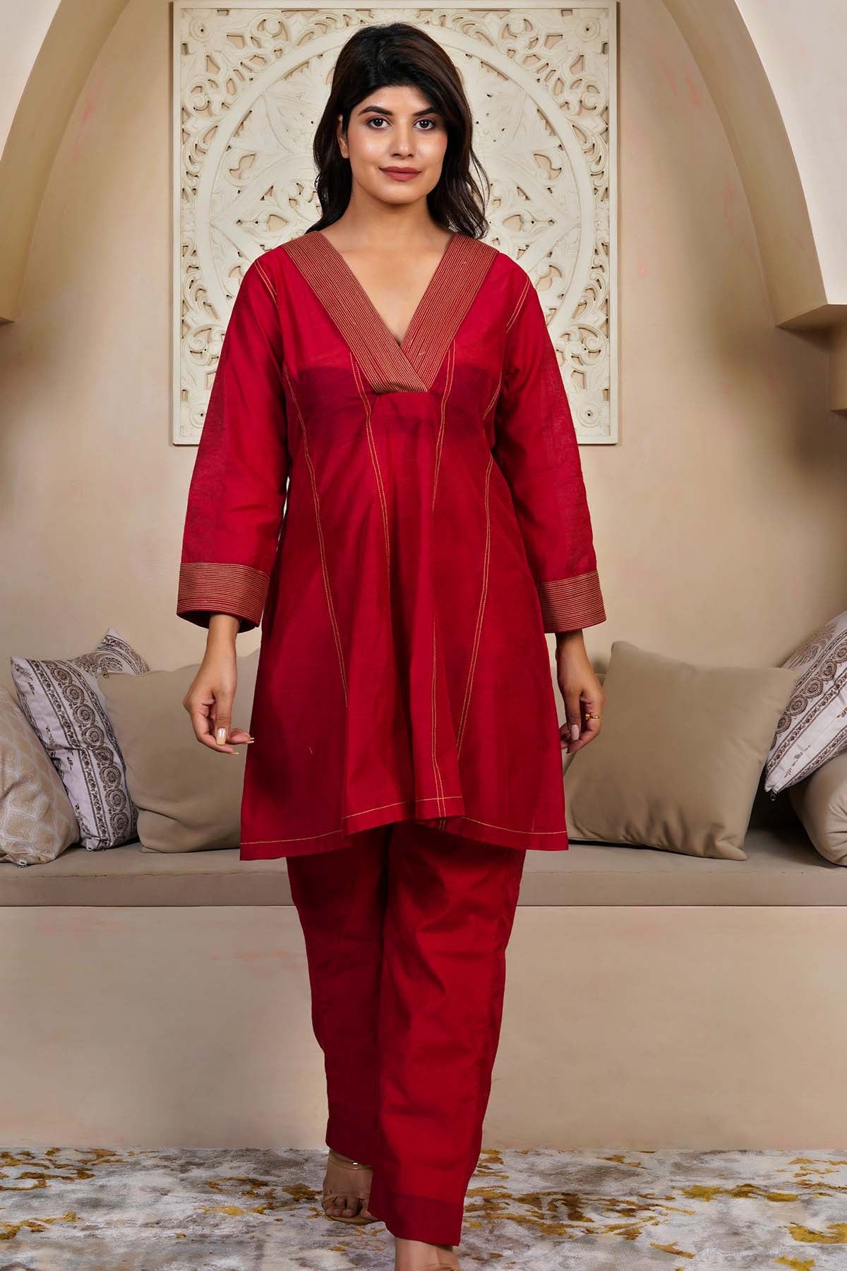 Imrie Red Kalidar Short Kurta & Pants for women online at ScrollnShops