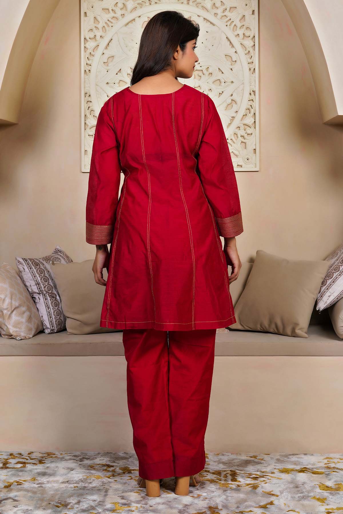 Red Kalidar Short Kurta & Pants
