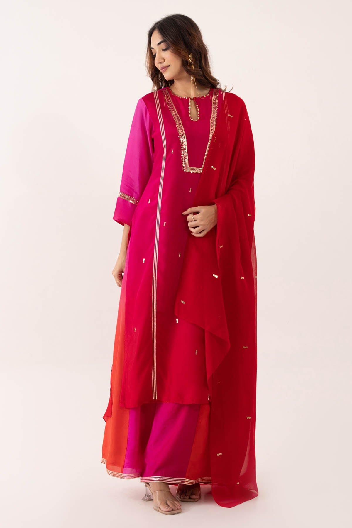 Buy Red Katan Silk Organza Kurta Set Online