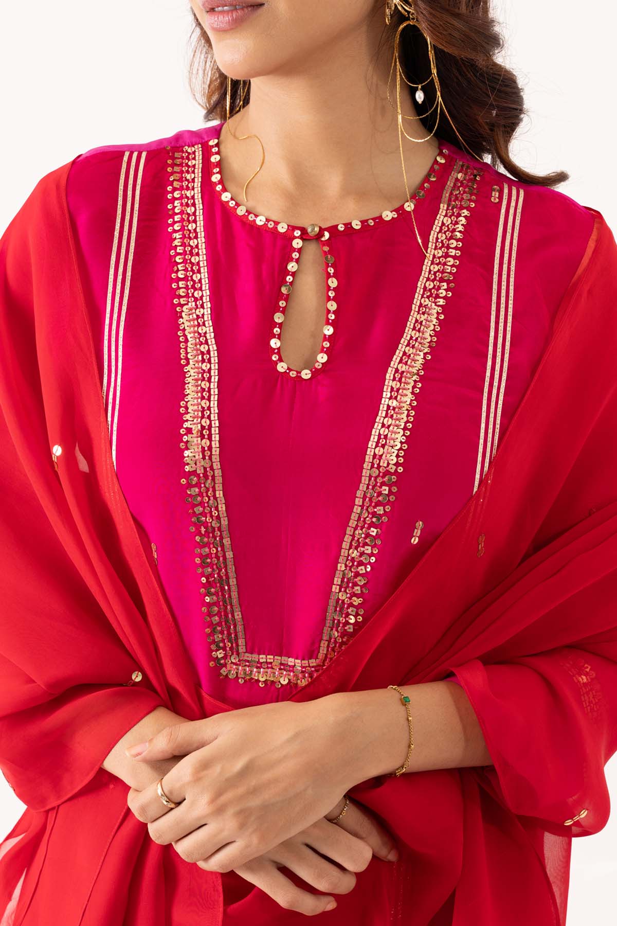 Red Katan Silk Organza Kurta Set