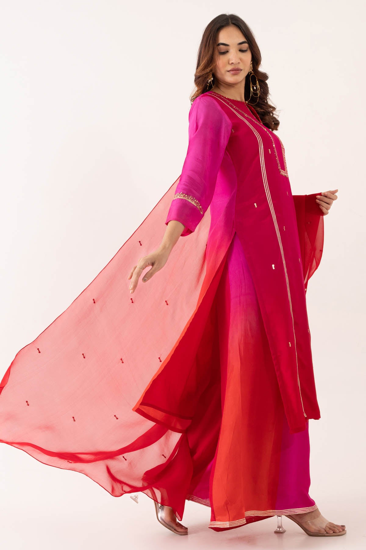 Red Katan Silk Organza Kurta Set
