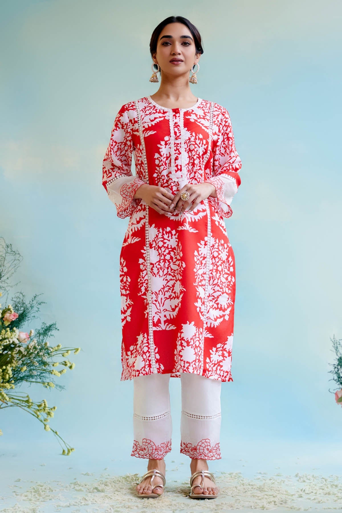 Nero Red Lace Cotton Linen Kurta Set for women at ScrollnShops