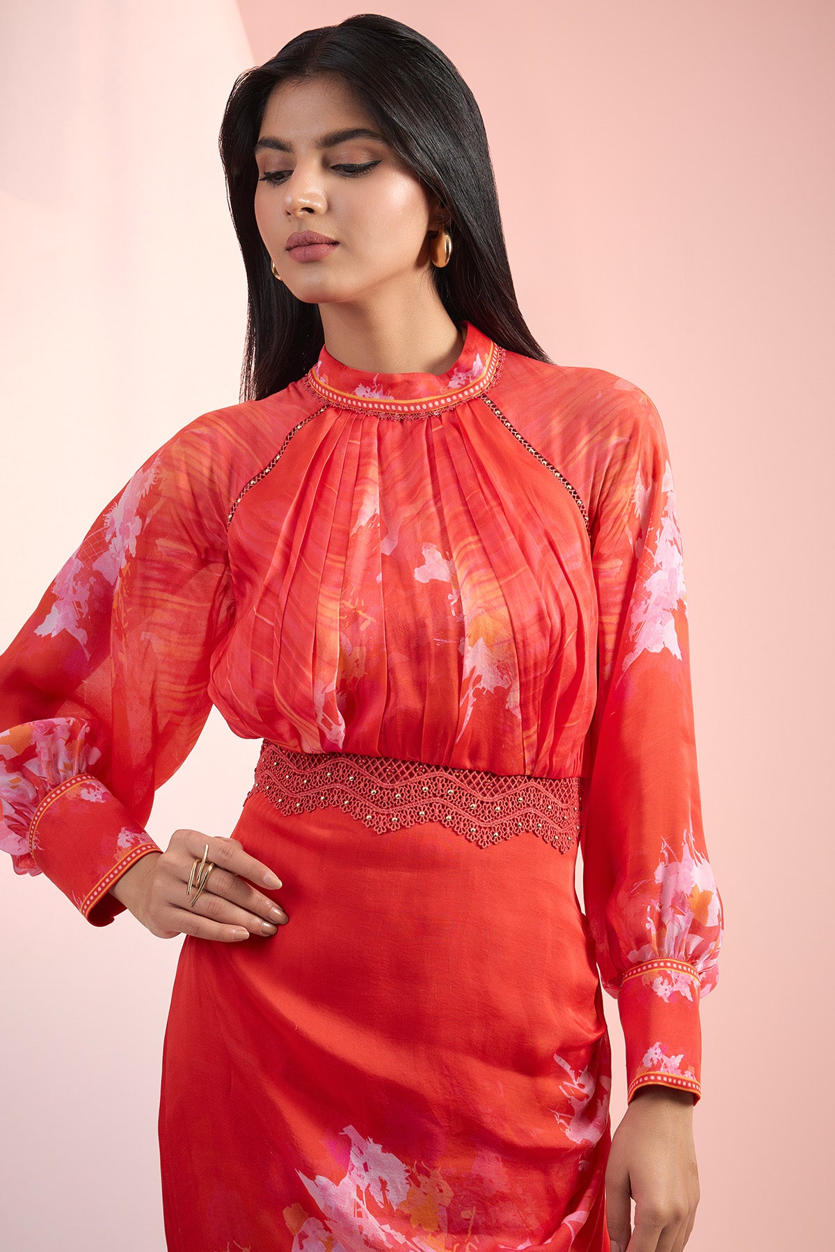 Red Lace Detail Printed Dress