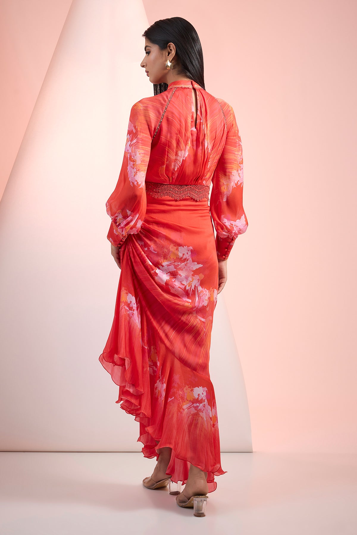 Red Lace Detail Printed Dress